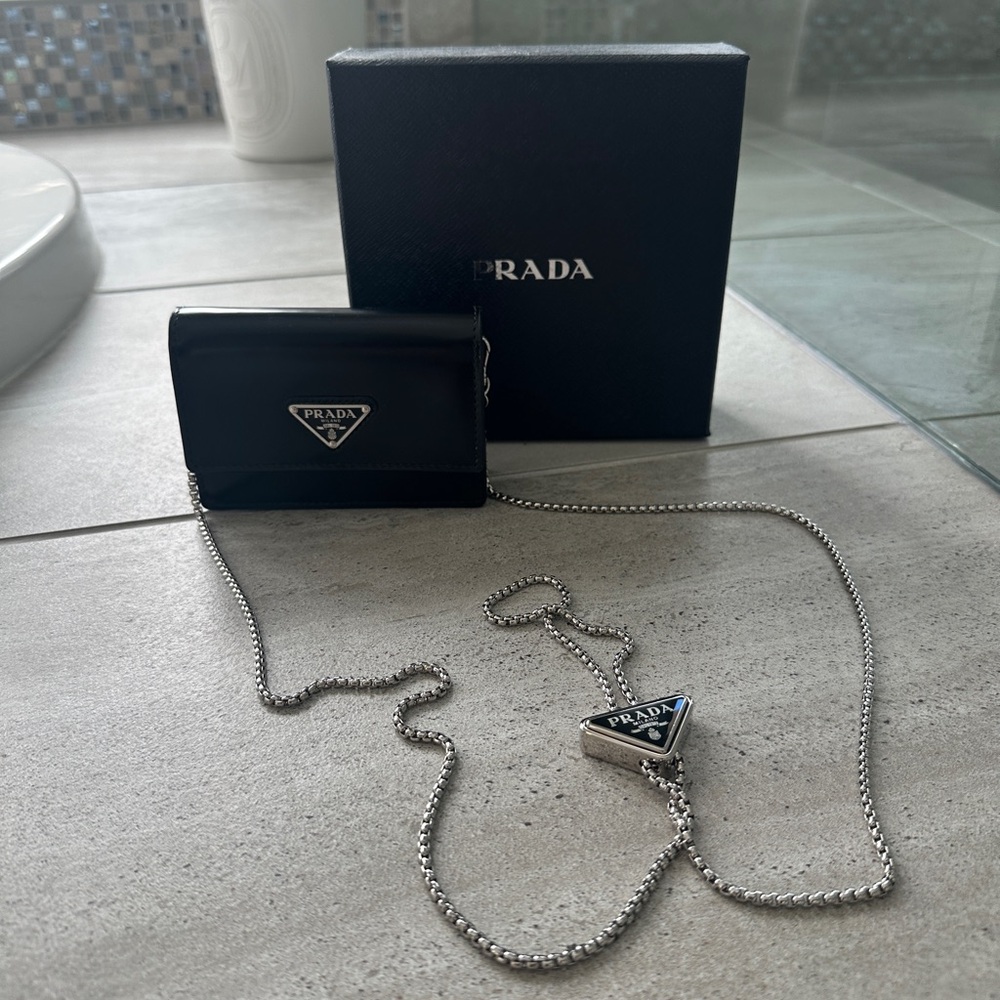 Prada Saffiano leather card case on chain